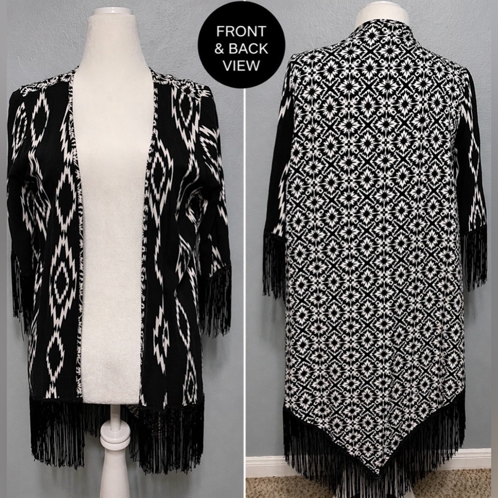 Wet Seal Fringe Kimono Cardigan Black White Boho Festival Western Hippie Medium